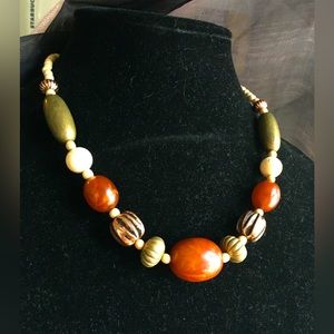 Vintage mixed metals necklace w/ faux amber lucite, clay & metal beads